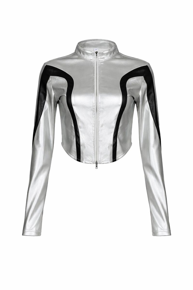 QVA Metallic Crop Jacket, Silver with Black Contrast Panels, Zip-Up Front, Cropped Fit (US, Alpha, Medium, Regular, Regular)