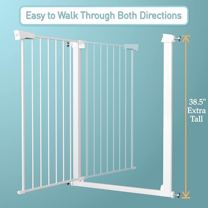 Fairy Baby 38" Extra Tall Baby Gate for Stairs, 76.4"-81.8" Extra Wide Large Pet Gate for Doorways, Metal Pressure Mounted Auto Close Safety Child Dog Gate Indoor for Toddler Kids or Pets, White