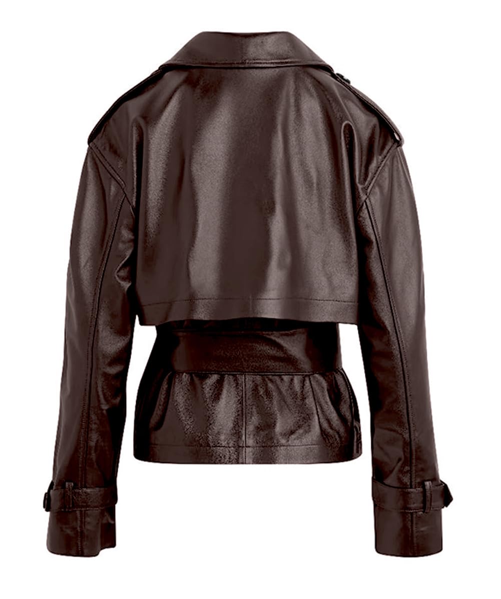 chouyatou Women's Fall Belted Faux Leather Jacket Modo Business Casual Faux Leather Short Trench Coat (X-Large, Brown)
