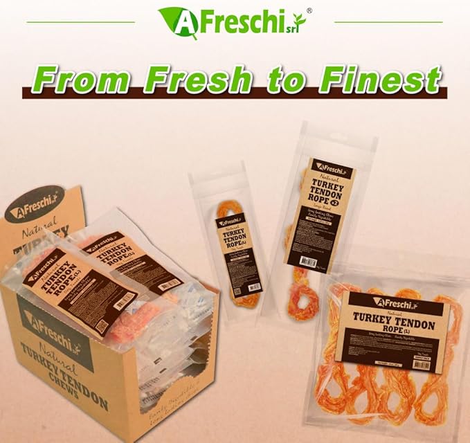 A Freschi srl Turkey Tendons for Dogs, USA-Sourced, Healthy Dog Treats, Rawhide-Free Puppy Chews, Long Lasting, All Natural, Hypoallergenic Dog Treats for Large Breeds, 10 oz Pack Rope (L)