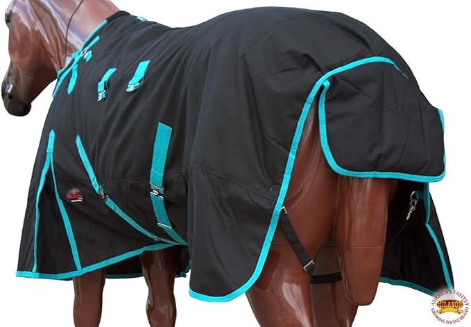 Black with Turquoise Trims 75 inch HILASON 1200D Winter Waterproof Poly Horse Turnout Blanket Belly Wrap