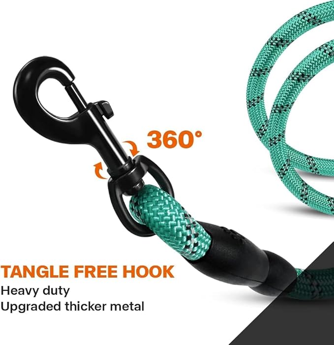 Taglory Rope Dog Leash 5 FT with Comfortable Padded Handle, Highly Reflective Threads Leash and Anti-Tangle Clip for Walking Medium Large Dogs, 1/2 inch, Turquoise