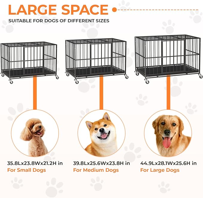 48 Inch Heavy Duty Dog Crate Steel Escape Proof, Indoor Double Door High Anxiety Cage, Removable Tray, Large Dog Kennel with Wheels,XL XXL