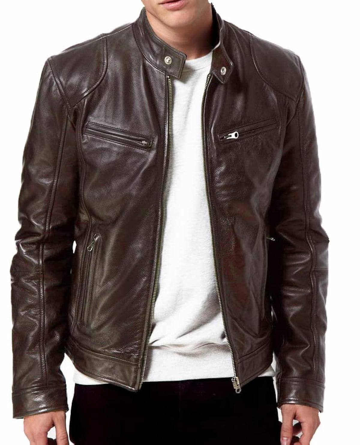DECIMAL Men's Black Genuine Lambskin Leather Biker Jacket VINTAGE REAL BROWN MOTORCYCLE JACKETS FOR MEN (M, BROWN)