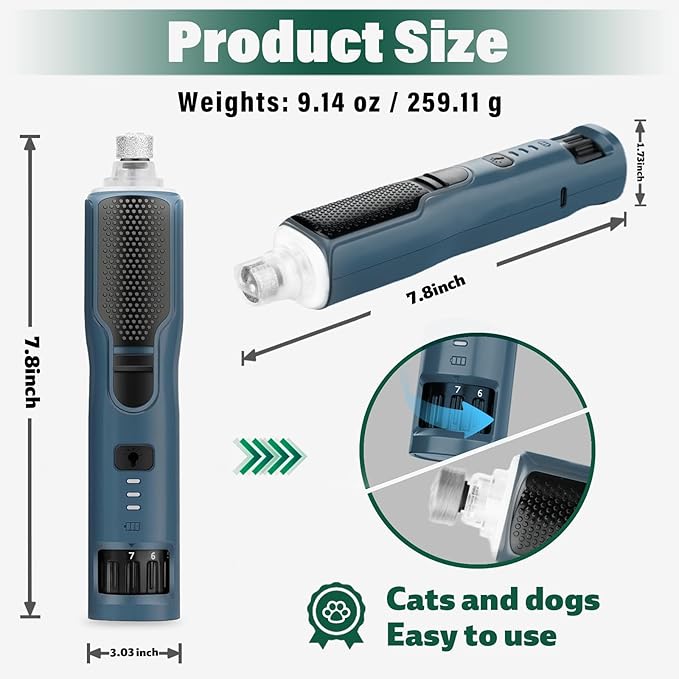 Dog Nail Grinder 7-Speed & 360° LED Light, Professional Pet Nail Grinder for Dogs and Cats, Electric Dog Nail Trimmer Painless Paws Grooming & Smoothing Tool for Large Medium Small Dogs Cats Pets
