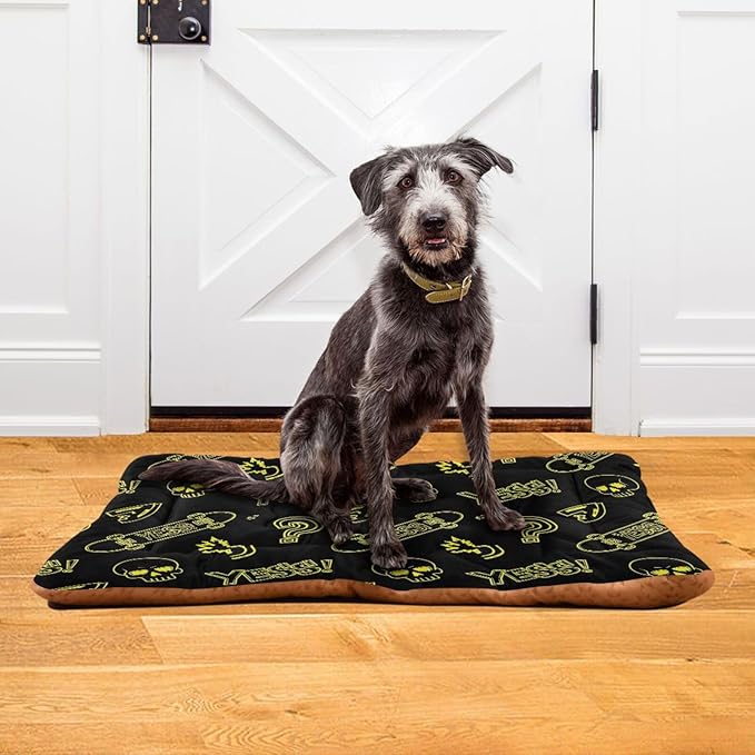 Emelivor Skateboard Skull Black Dog Cat Bed Washable Crate Pet Bed Anti-Slip Rectangle Comfortable Kennel Pads for Small Medium Large Dogs Cats, 24x18in