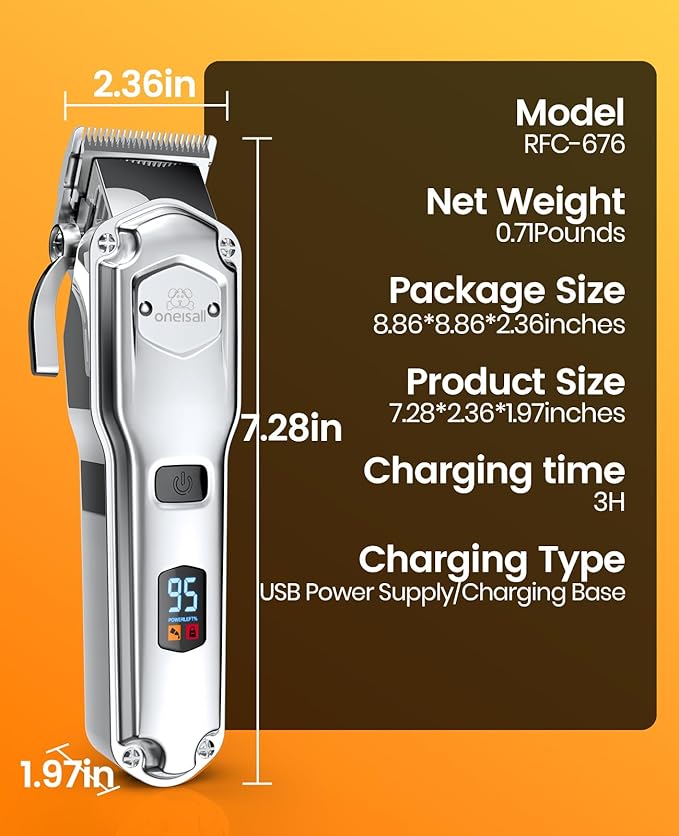 oneisall Dog Clippers for Grooming Thick Hair Professional,Cordless/Low Noise Pet Grooming Kit with Detachable Metal Combs, Rechargeable Heavy-Duty Pet Clippers for Thick/Curly/Fine/Wavy Hair (Sliver)