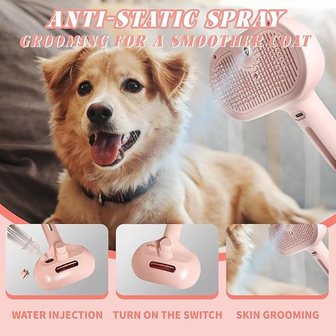 Cat steam brush β Effective Pet Brush for Indoor Cats, Steam Technology for Shedding, Mats & Grooming β Ideal cat brush indoor for Deep Cleaning (Pink)