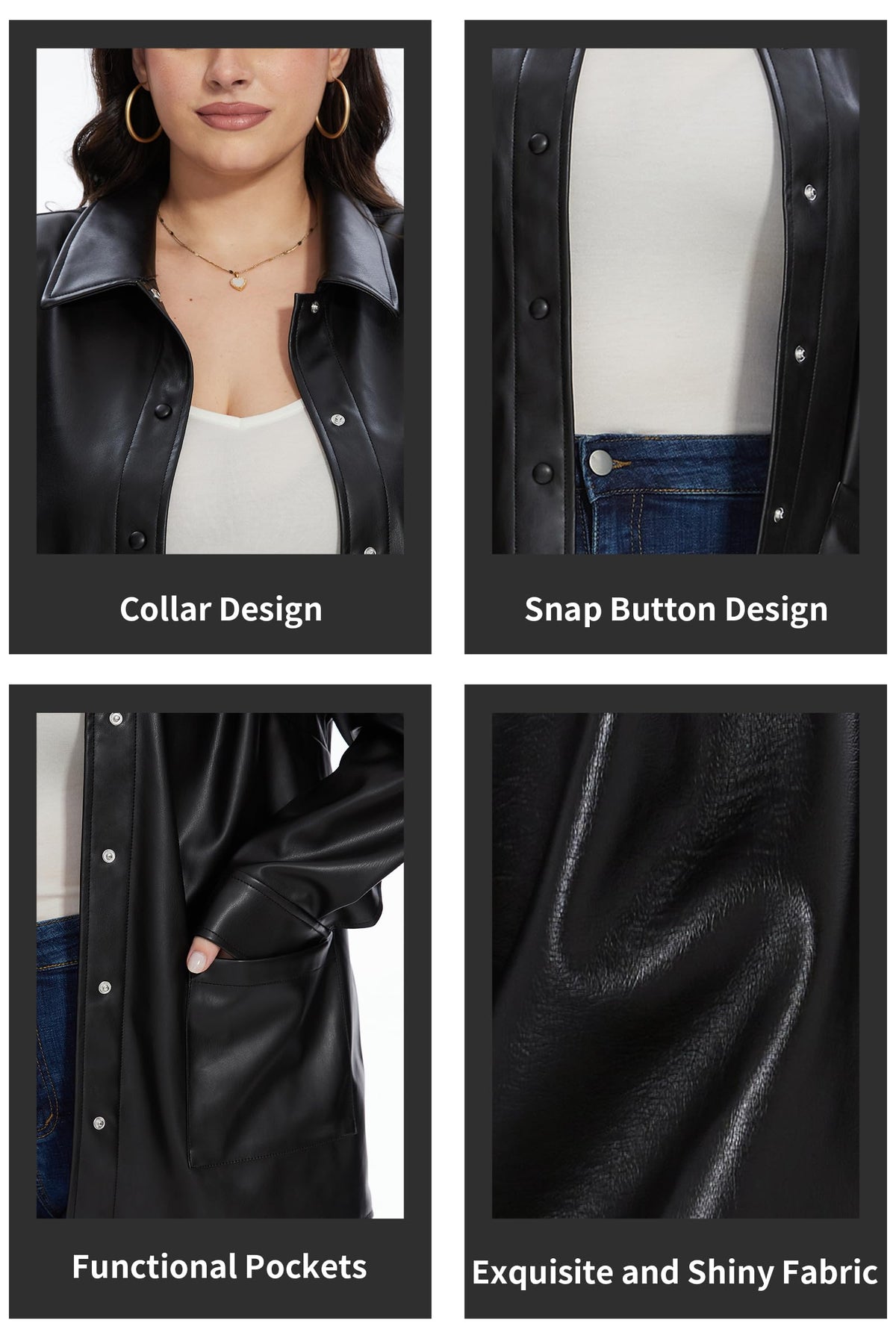 Fahsyee Women Faux Leather Shacket Moto Biker Shirts Loose Fit Blazer Long Sleeves Button Casual Jacket Plus Size S-XXL