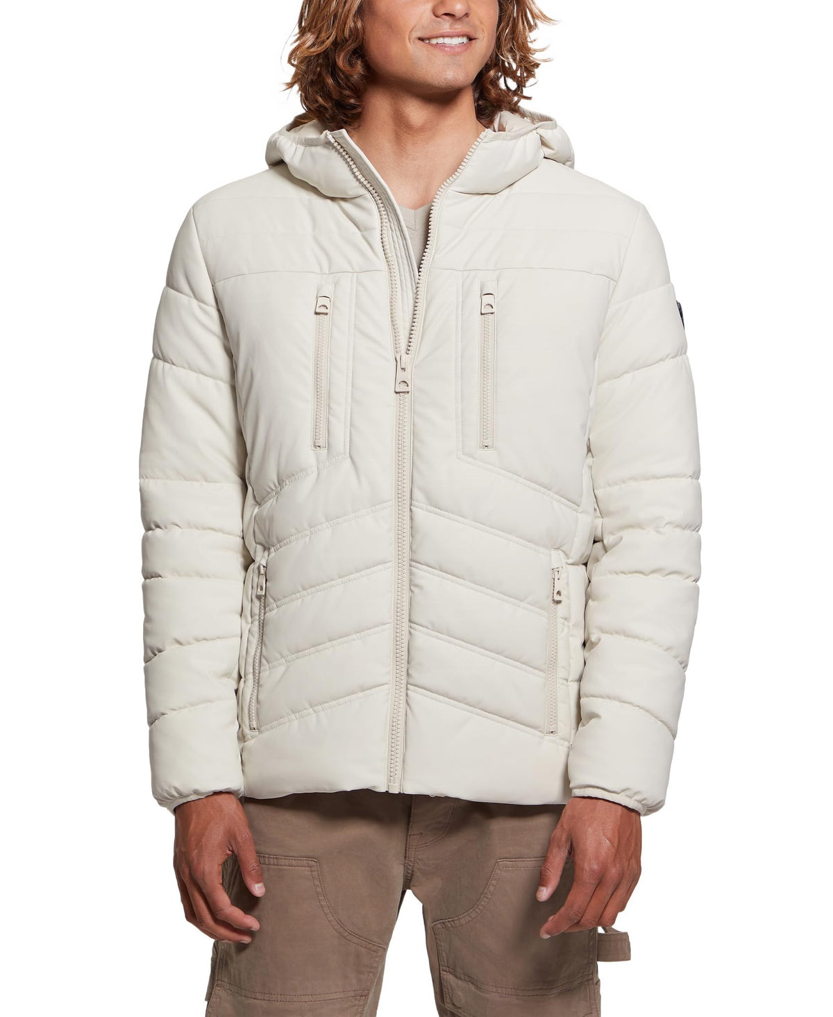 GUESS Mens Leo Tech Quilted Hooded Jacket, Birch Bark, Medium