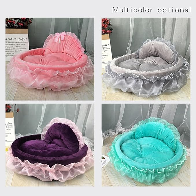 Princess Pet Bed with Bows Ruffled, Lace Design Soft and Beautiful Dog Sofa Detachable Cushion Princess Nest, Indoor Cave, Bottom, Removable Plush Cover