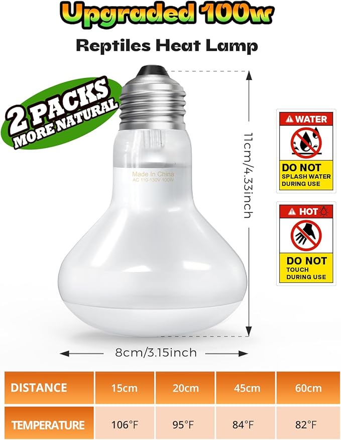 Reptile Heat Lamp, Simulate Natural Sunlight Heat Light Bulbs 2 Pack 100W Amphibians Basking Heat Lamp Bulbs for Reptiles, Bearded Dragon, Lizard, Turtle, Chicken