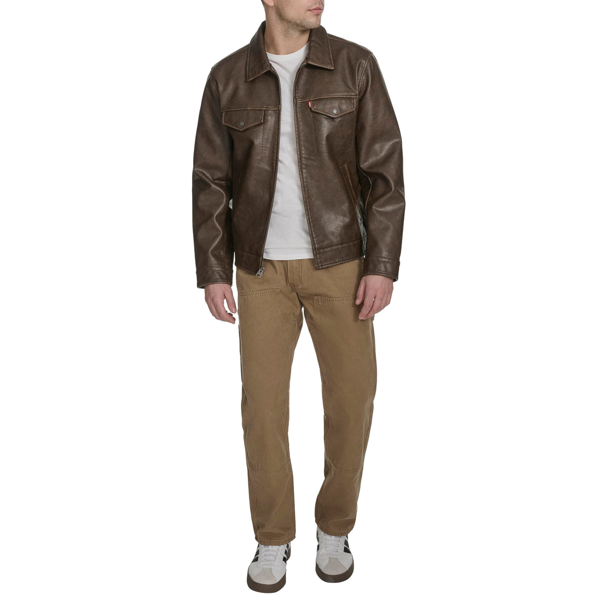 Levi's Men's Faux Leather Modern Trucker Jacket, Saddle, Medium
