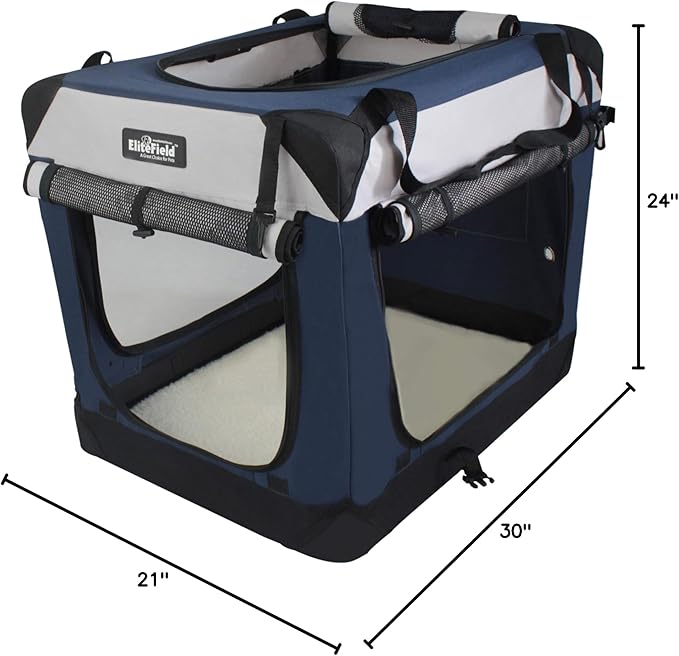 EliteField 4-Door Folding Soft Dog Crate with Curtains, Carrying Bag and Fleece Bed (2 Year Warranty), Indoor & Outdoor Pet Home (30" L x 21" W x 24" H, Navy Blue+Gray)