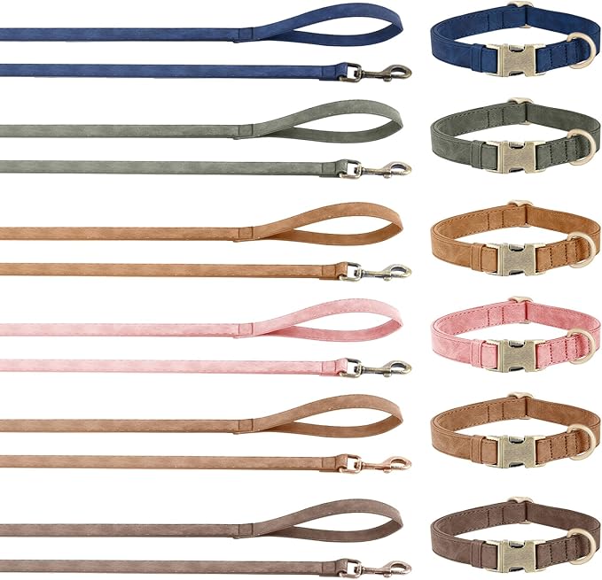 Genuine Leather Dog Collar - Adjustable Pet Collar with Quick Release Metal Buckle, Soft Skin Friendly Real Leather Collar for Small, Medium, Large Dogs (Pink Collar + Rope, S:Fit 8-16" Neck)