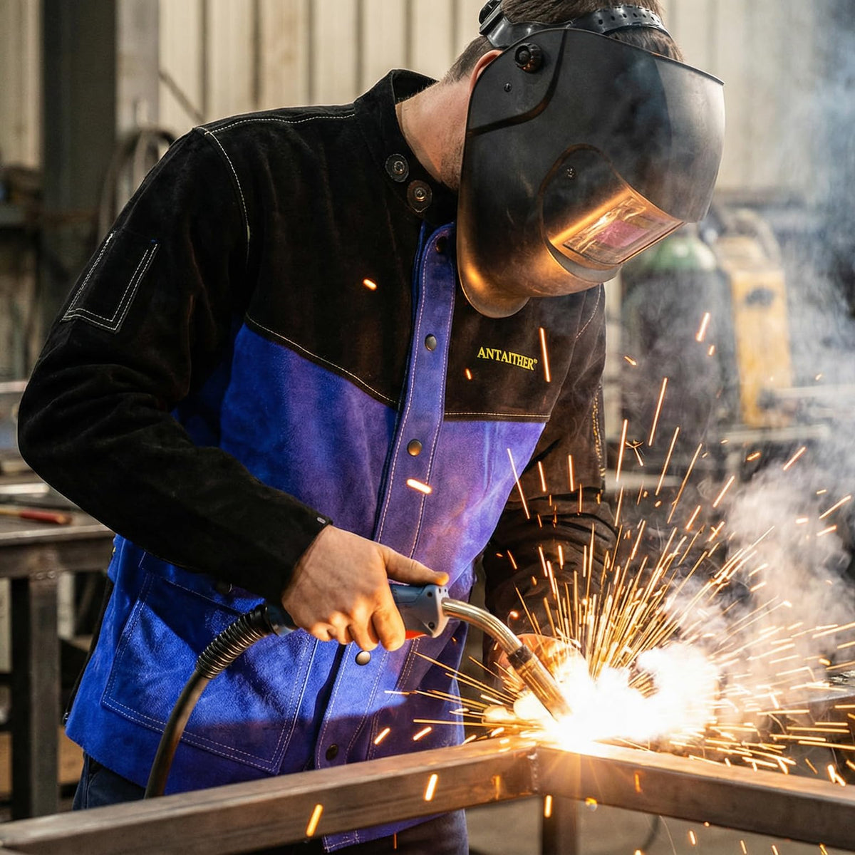 ANTAITHER Leather Welding Jacket Heat Flame Resistant Coat, M