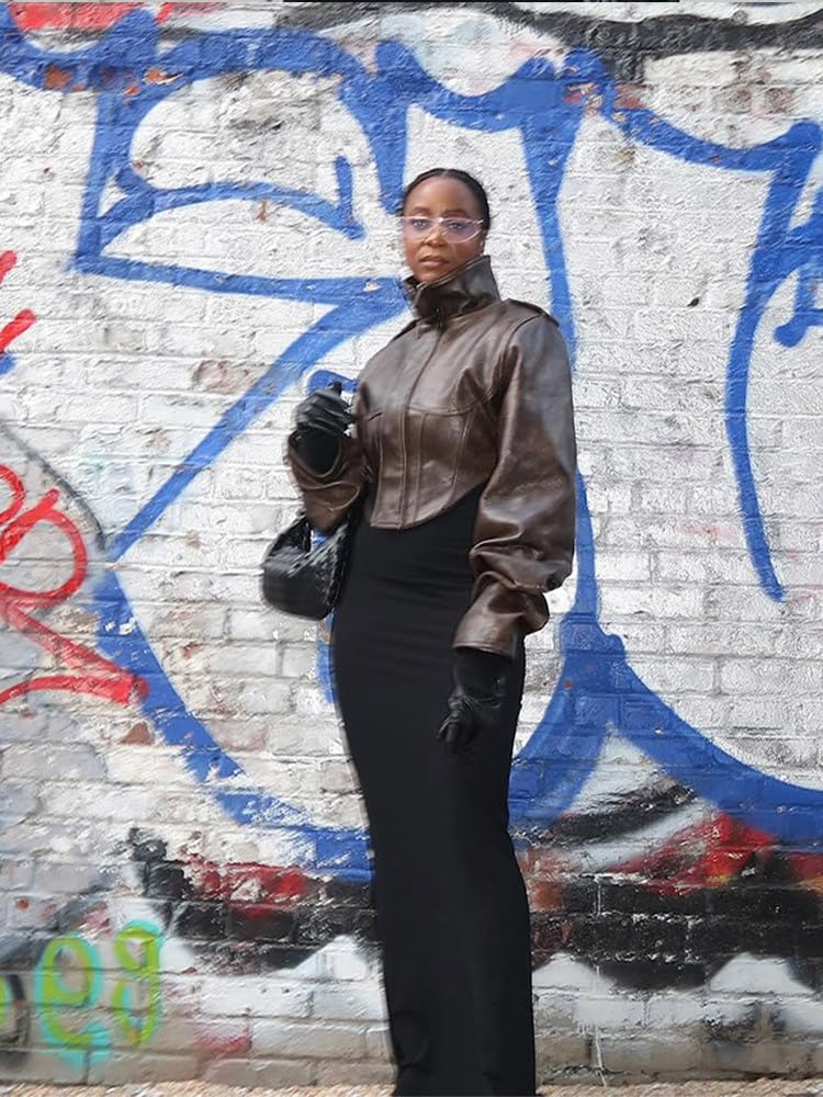 Wuitrie Womens Vintage Faux Leather Jacket High Neck Cropped Coat Long Sleeve Fashion Outerwear Casual Street Style