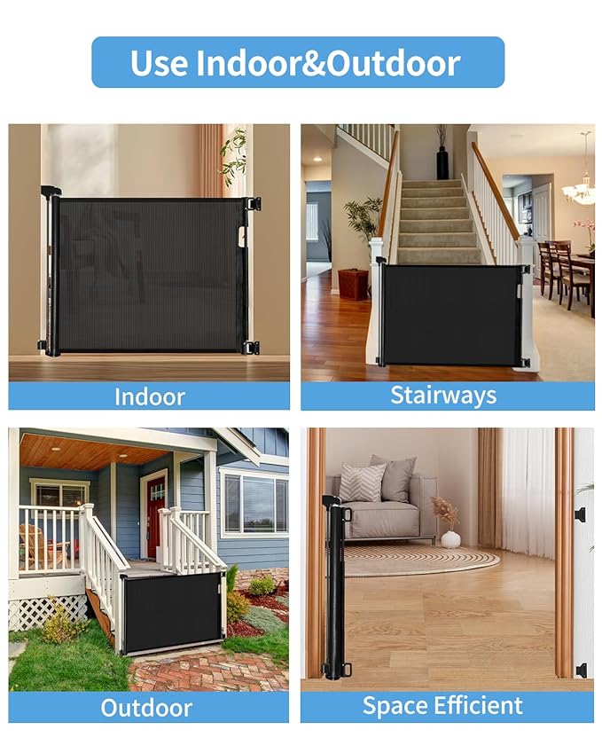 Retractable Baby Gate for Doorways and Stairs, Mesh Safety Gate for Pet, Indoor & Outdoor Use, One-Hand Operation, Easy Installation, 33.6" Tall, Expands to 71" Wide(Black,33.6"x71")