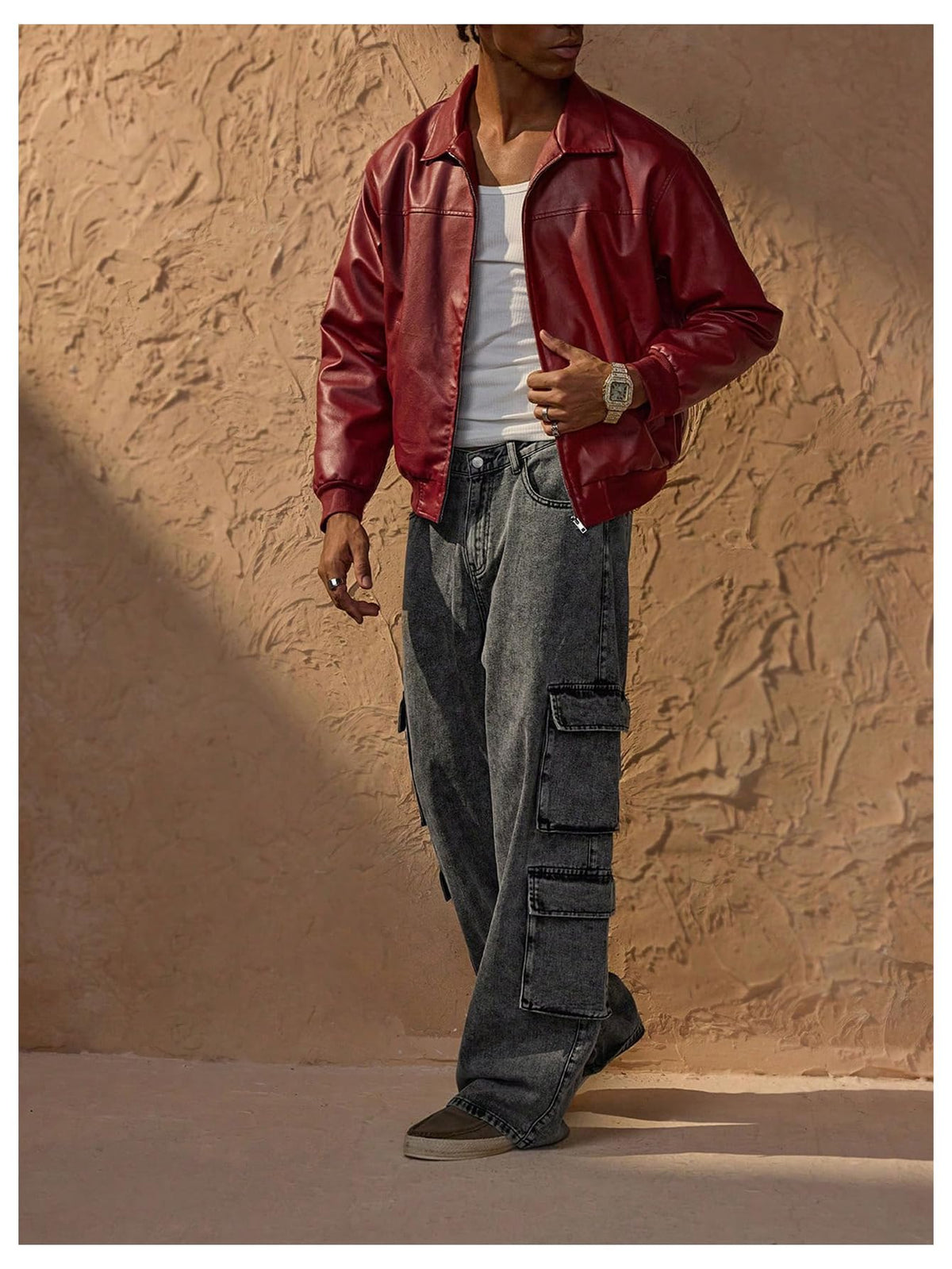 Verdusa Men's Leather Jacket Zip Up Collared Bomber Jackets with Pockets Red X-Large