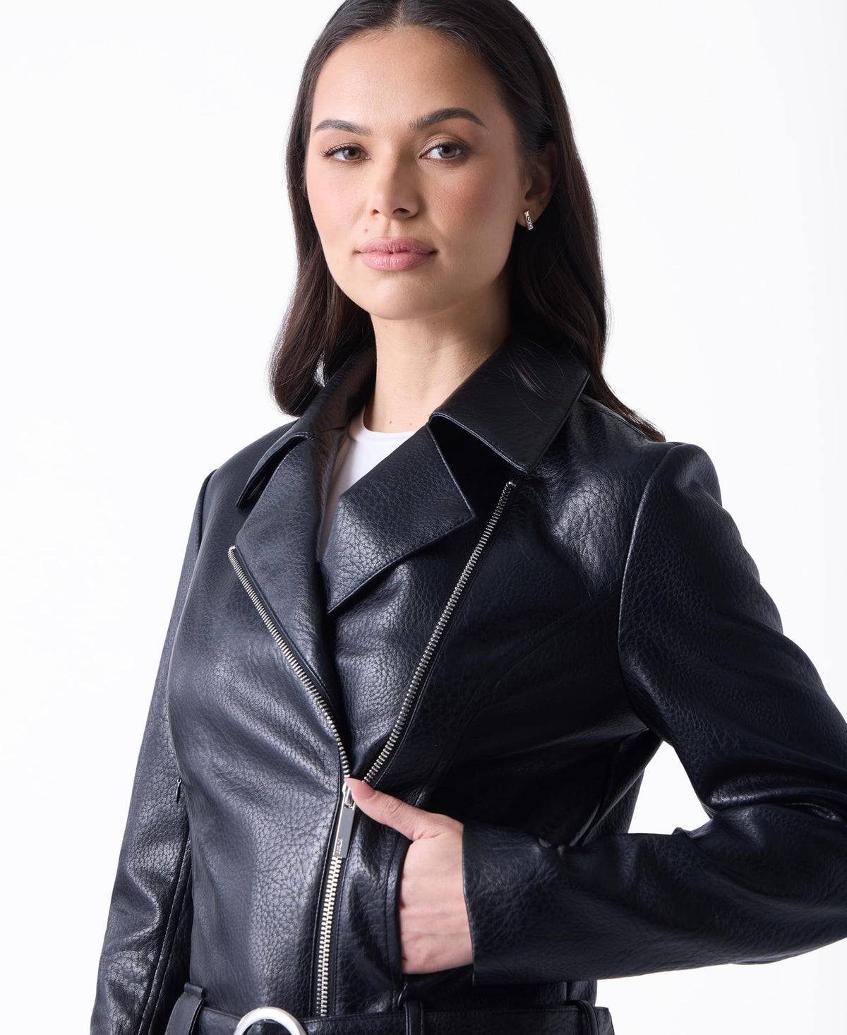 Guess Womens Ellie Belted Biker Jacket, Jet Black, Medium