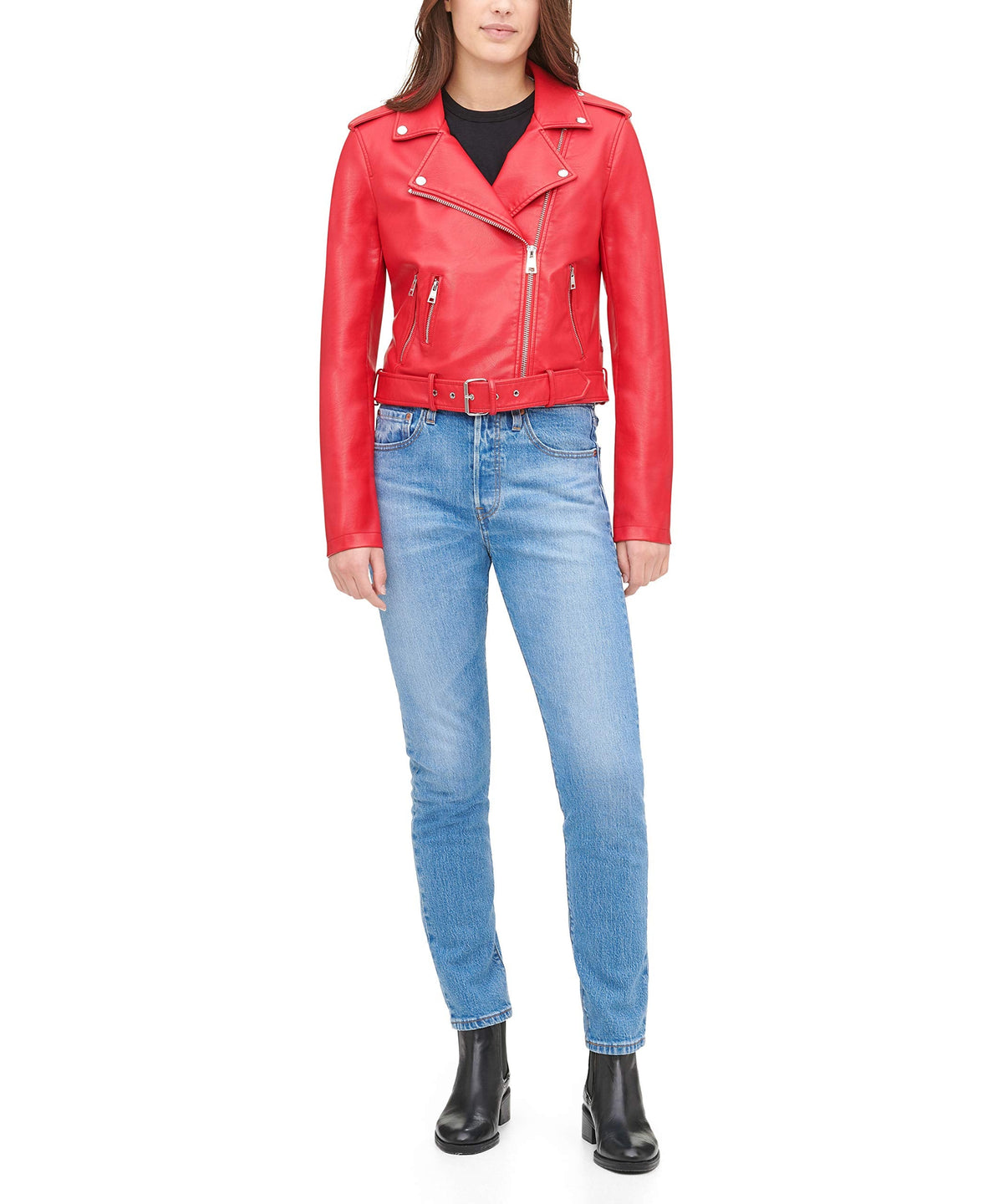Levi's Women Faux Leather Belted Motorcycle Jacket (Standard and Plus Sizes), Red, Medium