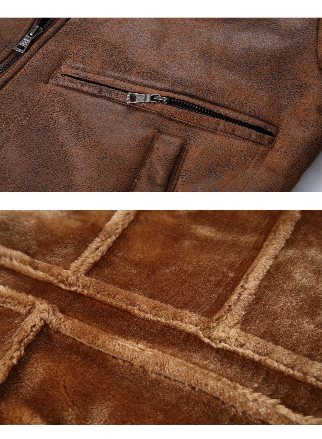 HOOD CREW Men’s Faux Fur Leather Jacket Autumn Winter Fleece Lined Coat Vintage Bomber Jacket Brown 2XL