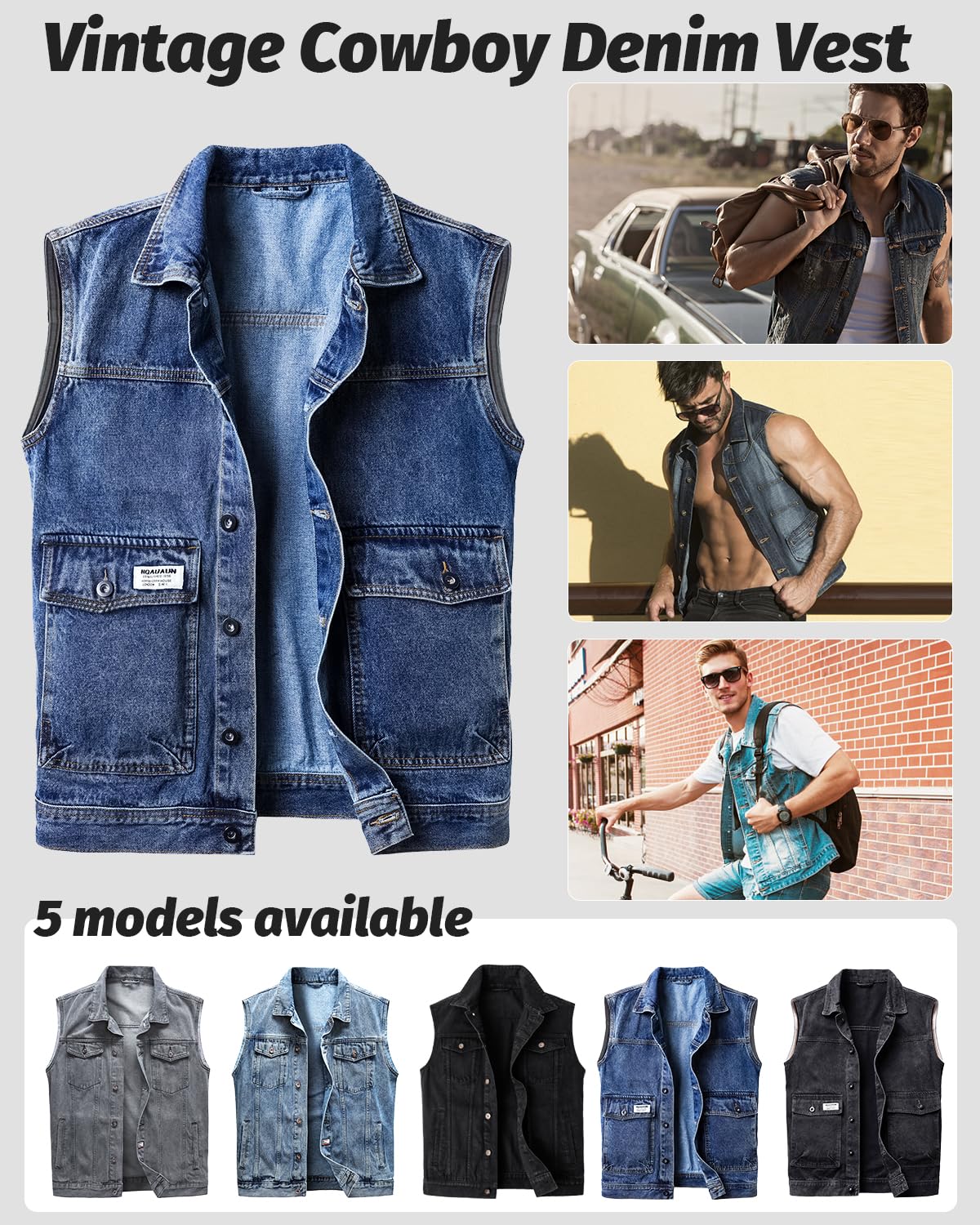Harbrosrce Classics Men's Denim Vest Sleeveless Denim Vest Cowboy Jacket Motorcycle Vest Biker Vest for Men Casual Leisure