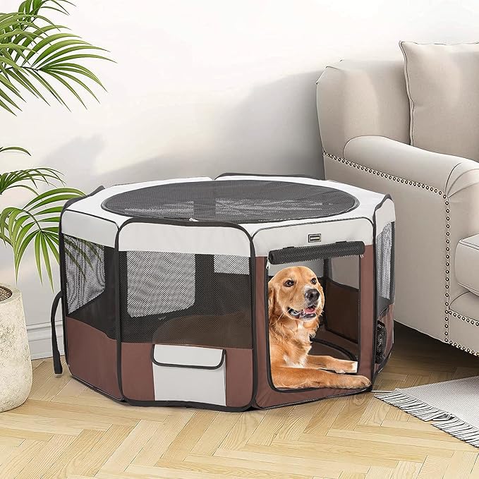 DONORO Dog Playpen 55" Portable Pet Play Pens for Medium Large Dogs, Foldable Exercise Kennel Tent Crate Indoor/Outdoor Travel Camping, Removable Top/Bottom (55"x55"x30"), 8