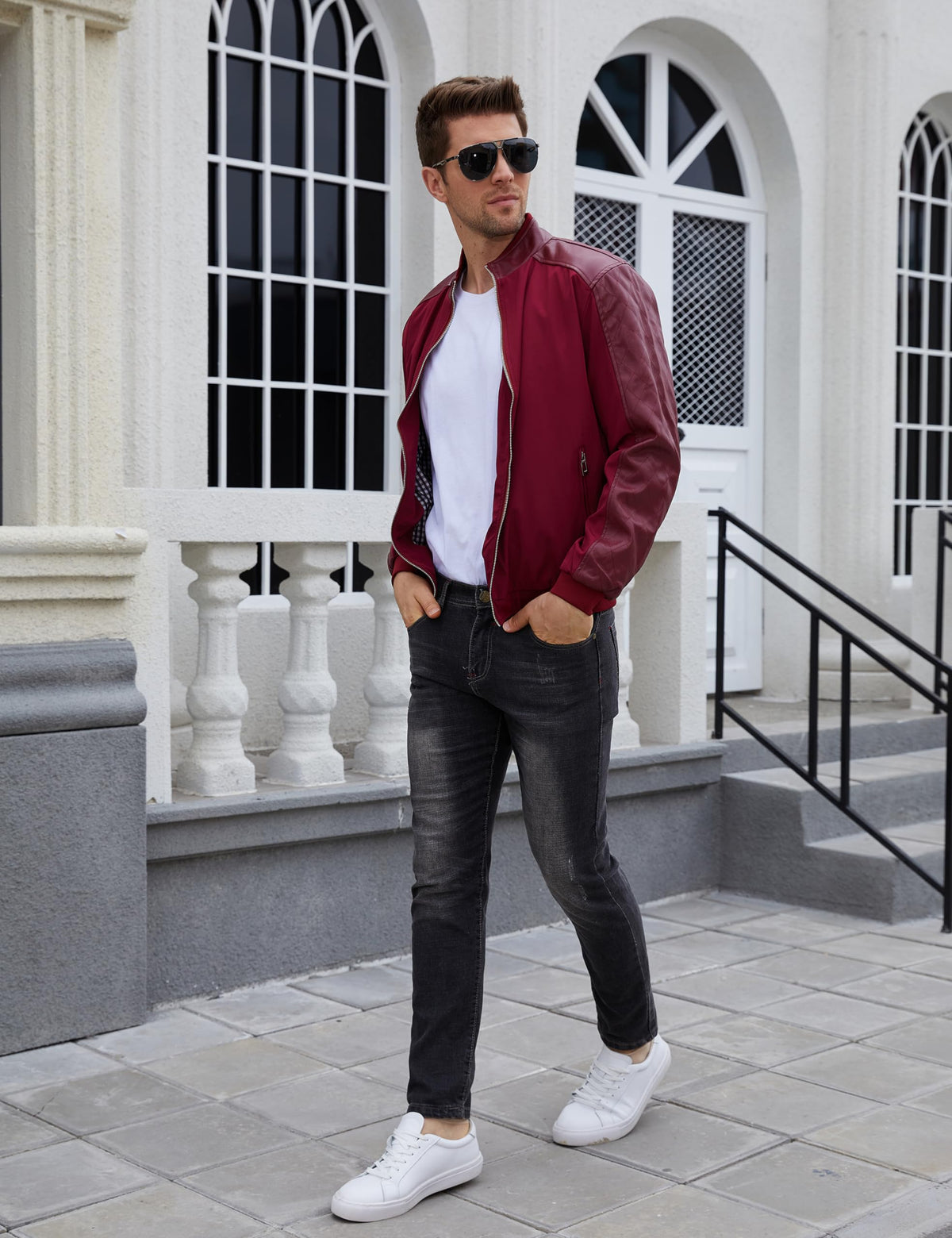 Tanming Men's Casual Slim Fit Lightweight Zip Up Softshell Bomber Jacket (Medium, Red)