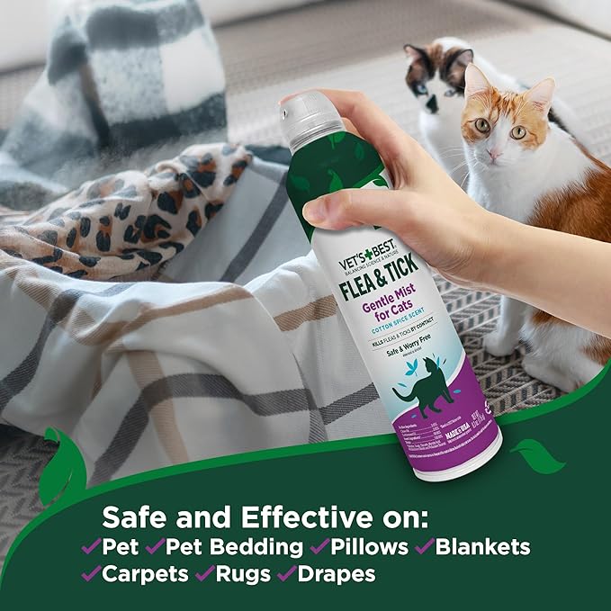 Vet's Best Natural Flea & Tick Mist for Cats – Plant-Powered Spray with Cotton Spice Scent – Natural Flea Prevention and Pest Control – Gentle Formula for Indoor Use – Safe for Pets – 6.3 oz
