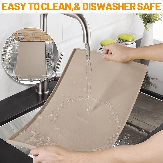 Hubulk Dog Feeding Mat,100% Waterproof Food Grade Silicone Pet Food and Water Bowl Placemat,Dishwasher, High Raised Edge to Prevent Spills,Nonslip Tray to Stop Messes on Floor(28"x18"x0.8", Taupe)