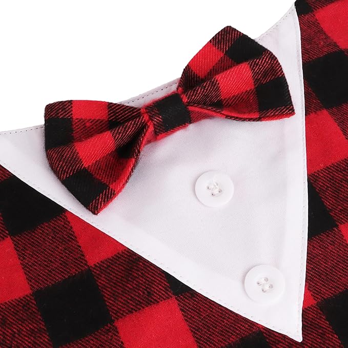 ADOGGYGO Christmas Dog Tuxedo Bandana, Red Plaid Xmas Pet Bowtie Collar, Adjustable Christmas Costumes for Extra Small Dogs (XS)