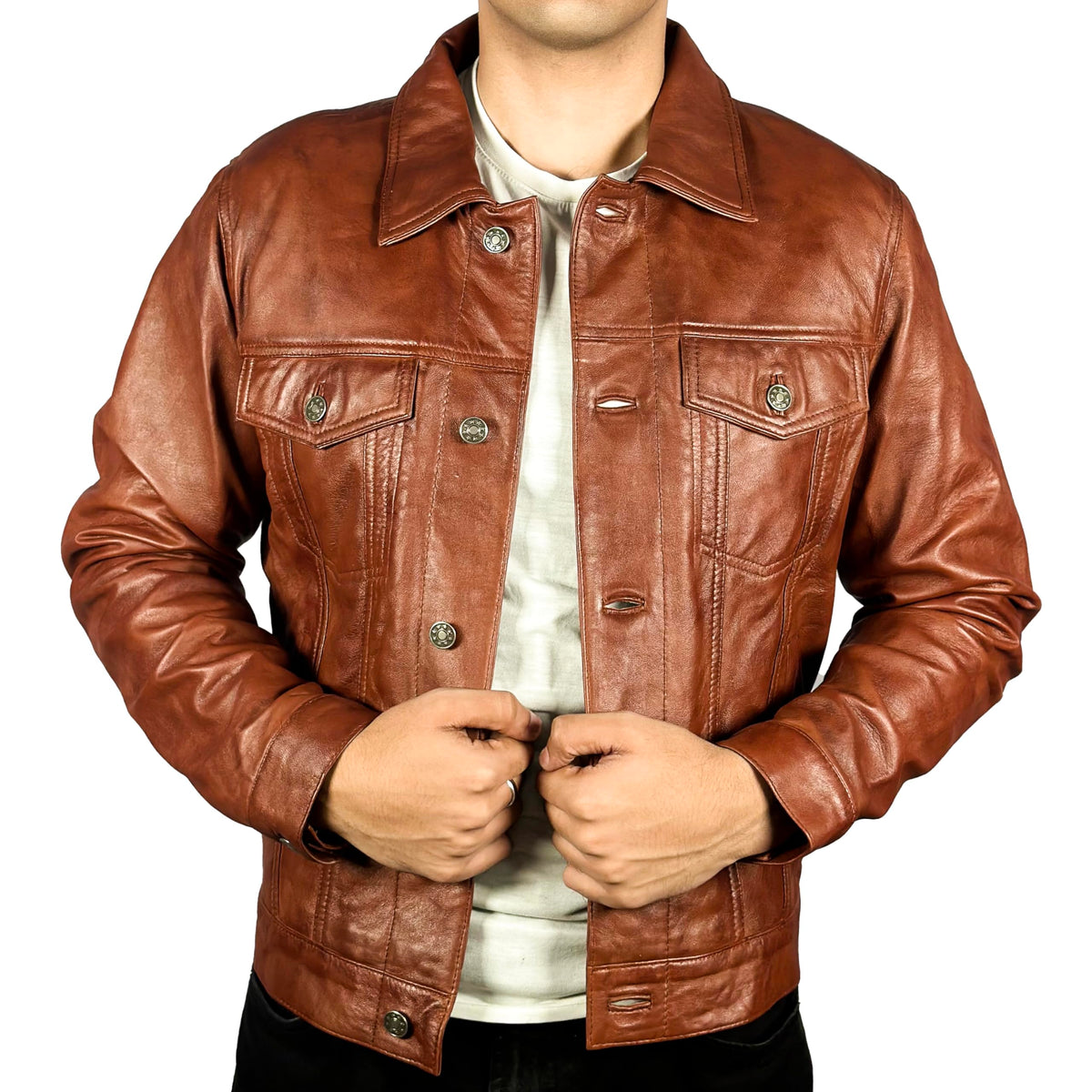 Men’s Vintage Lambskin Leather Trucker Classic Shirt Collar Style Motorcycle Cowboy Jacket