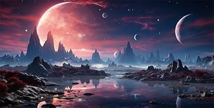 36X24IN Cosmic Spaceterrarium Background, Cool Parallel Space Themed Aquarium Reptile Habitat Background, Red Moon Aquarium Background with 10EVA Double-Sided Tape