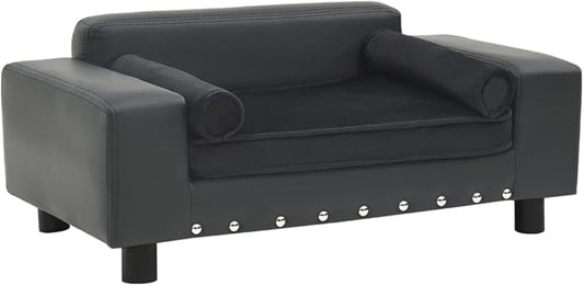 Modern Dog Sofa for Small Medium Dogs, Dark Grey Faux Leather Pet Bed with Plush Cushion, Durable Solid Wood Frame, Rectangular Indoor Cat Bed Lounge