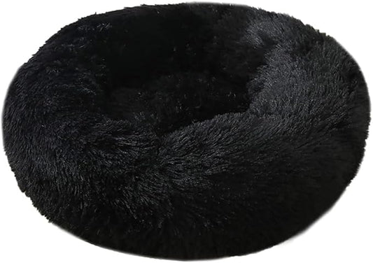 Calming Faux Fur Dog Beds Calming Donut Cuddler Dog Bed Washable Round Cat Bed Pillow Cuddler Fluffy Indoor Dog Calming Beds with Anti Slip Bottom Solid Color Black 43 Inch