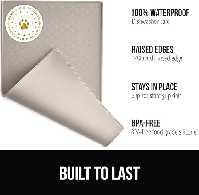 GORILLA GRIP 100% Waterproof Raised Edge BPA Free Silicone Pet Feeding Mat, Dog Cat Food Mats Contain Spills Protects Floors, Placemats for Cats and Dogs Water Bowl, Pets Accessories 32x24 Beige