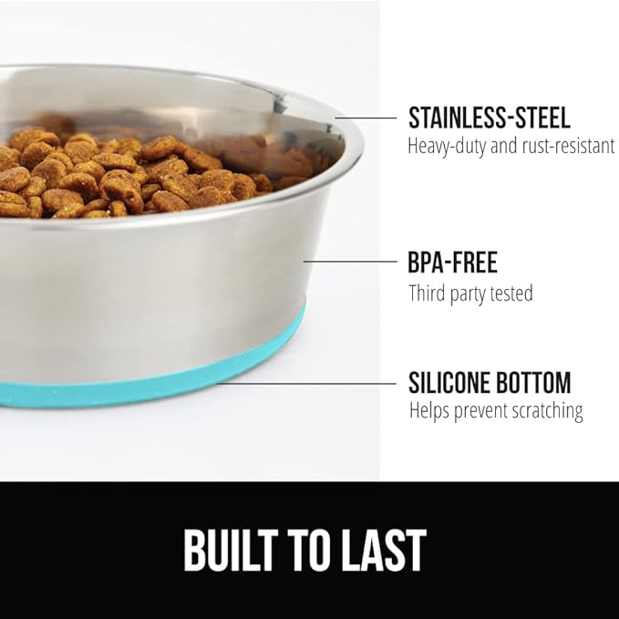 GORILLA GRIP Dog Bowls, Holds 4 Cups Each (32 fl oz), Heavy Duty Stainless Steel Food and Water Bowl for Feeding Dogs and Cats, Dishwasher Safe, Rust Resistant, BPA Free Rubber Base Set of 2 Turquoise