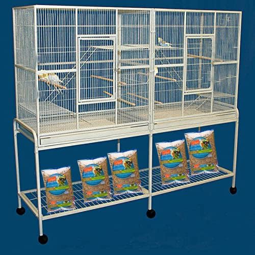 54" Large Double Birdhouse Breeder Bird Flight Cage with Center Divider Side Breeding Nest Doors Removable Rolling Stand (51" Length x 17" Depth x 54" Height, White Vein)