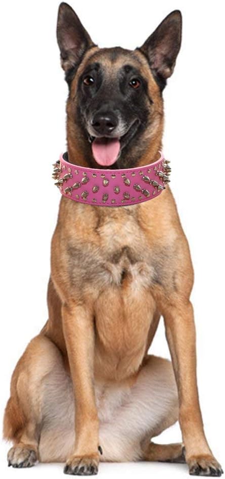 Serijoars Spiked Studded Dog Collar, PU Leather Dog Collar, Adjustable Pet Collars for Medium or Large Breed Pet (XL, Pink)