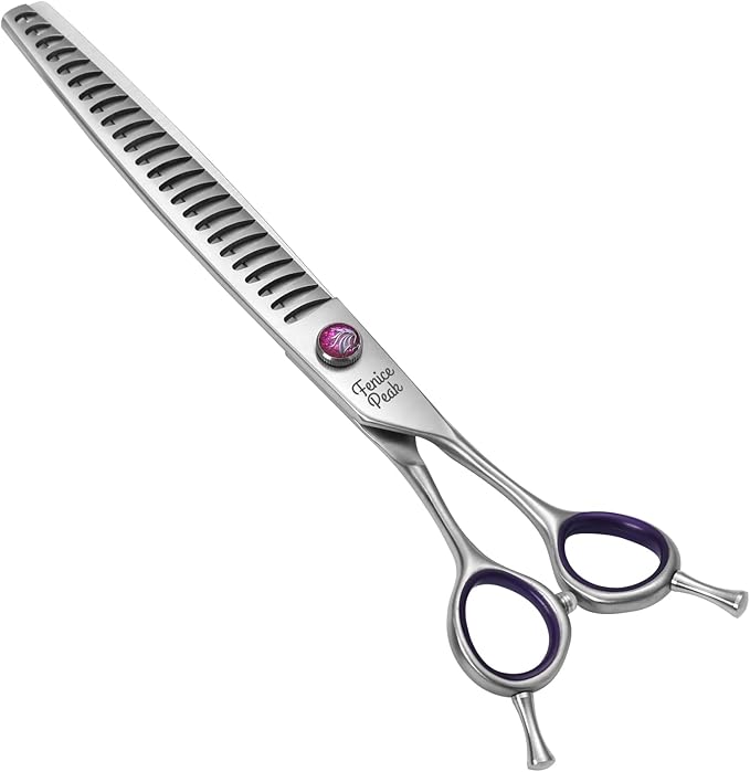 Fenice Peak 7'' Chunker Dog Grooming Scissors with Purple Finger Rings and Flashing Screw Professional 440C Stainless Steel Natural Color Pet Thinning Shears with Offset Handle Durable and Sharp