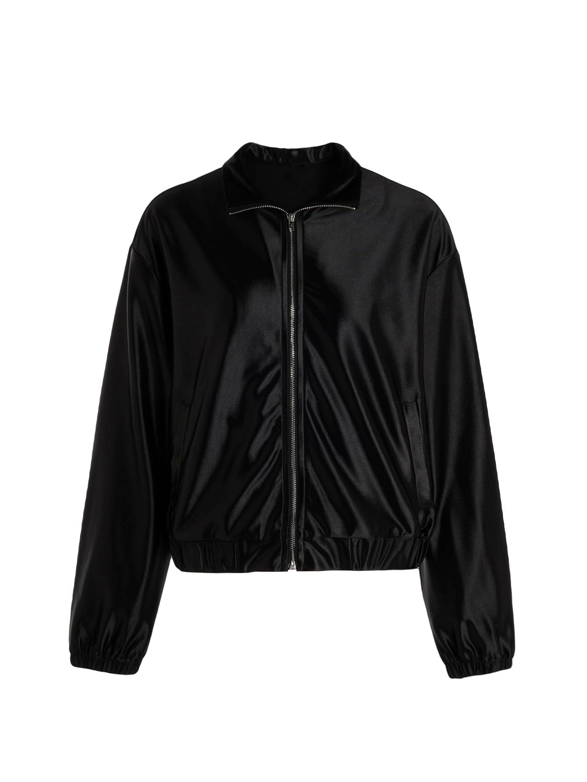 Verdusa Women's Bomber Satin Lightweight Jacket Drop Shoulder Long Sleeve Zip Up Outerwear Solid Black Medium