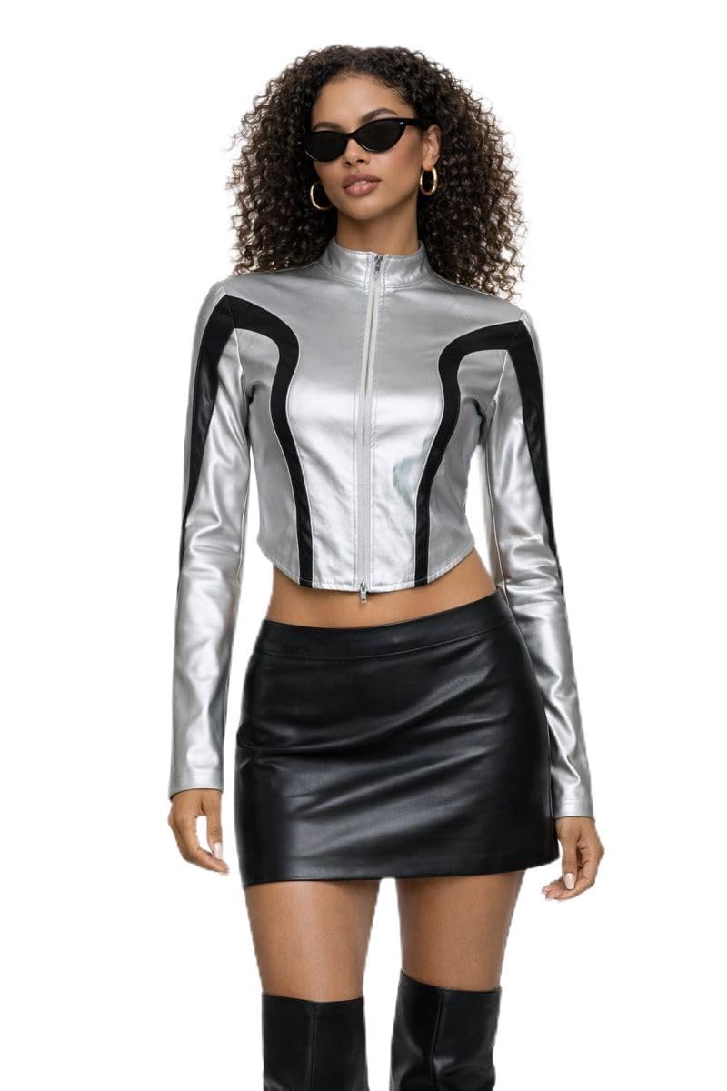 QVA Metallic Crop Jacket, Silver with Black Contrast Panels, Zip-Up Front, Cropped Fit (US, Alpha, Medium, Regular, Regular)