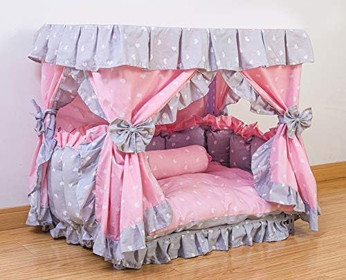 Princess Pink Grey White Heart Pet Dog Handmade Bed House+1 Candy Pillow (M)