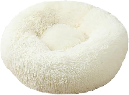 Calming Faux Fur Dog Beds Calming Donut Cuddler Dog Bed Washable Round Cat Bed Pillow Cuddler Fluffy Indoor Dog Calming Beds with Anti Slip Bottom Solid Color White 43 Inch