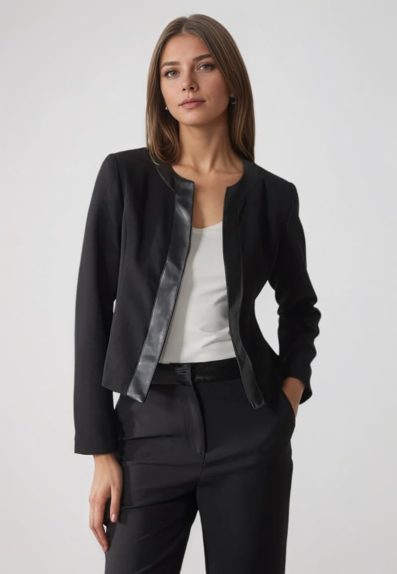 SS-Sunrise Fashion Women's Black Blazer Jacket with Faux Leather Trim, Long Sleeve, Collarless Design (X-Large, Black)