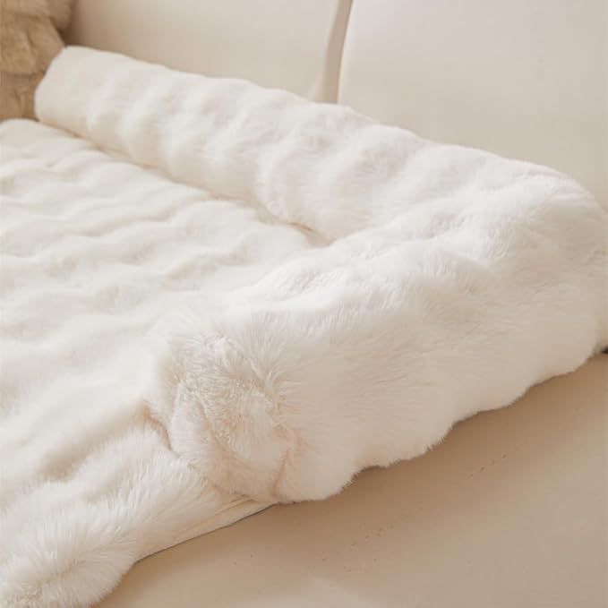 Calming Dog Bed Mat, Fluffy Fuzzy Couch Cover for Sofa, Winter Thickened Pet Mat with Anti-Slip Bottom Warm Soft Cushion Washable Pet Bed for Small Dogs and Cats (White, 90x90cm/35.4x35.4in)