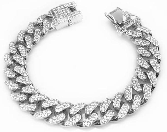 Dog Collar Cuban Silver Link Crystal Dog Chain Design Secure Buckle Jewelry Accessories for XXS XS Small Medium Large Pet Male Dogs Boy Kitten (12inch)