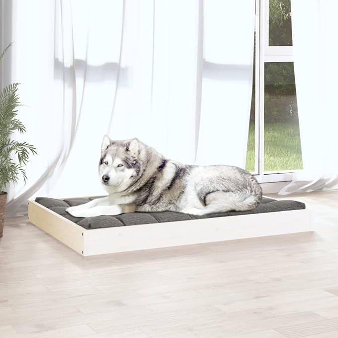 Elevated Solid Pine Wood Dog Bed for Medium Breeds, 40.0 x 29.1 x 3.5 Inches, White Minimalist Pet Furniture with Orthopedic Support and Easy-Clean Finish