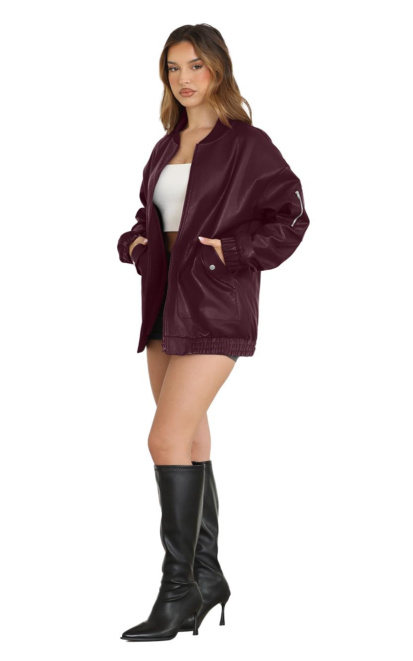 XIEERDUO Leather Jacket Women Faux Oversized Motorcycle Bomber Coats 2025 Fall Fashion Outfits Winter Clothes Burgundy M